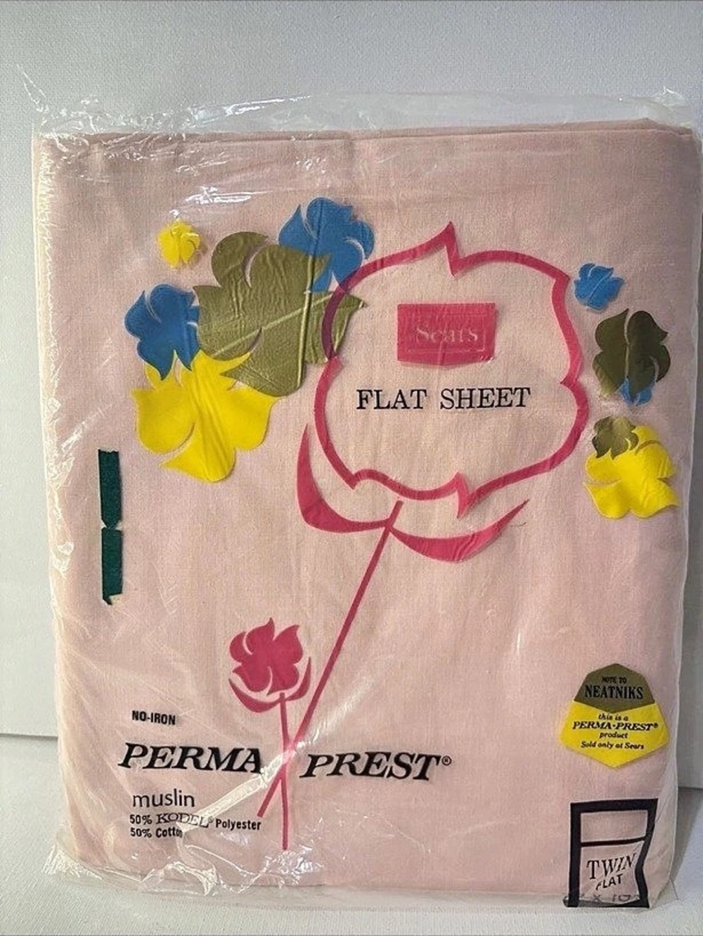 Vintage Sears Twin Perma Prest Flat Sheet Floral Pink NWT